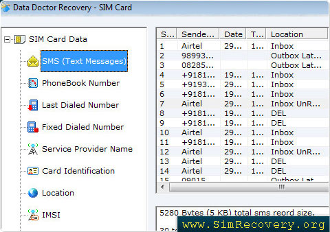 Screenshot of Sim Card Data Restoration Tool