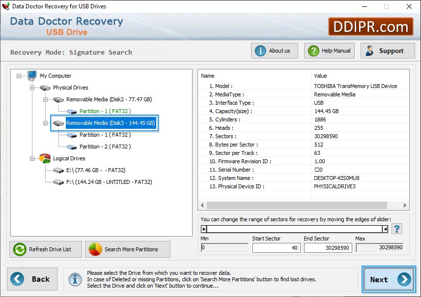 Logical Drives from left panel Pen Drive Recovery Software